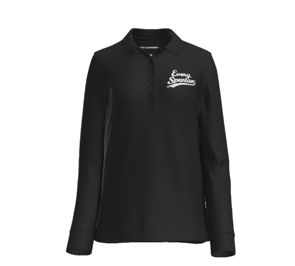 Green long-sleeved polo shirt with a white logo on the chest.