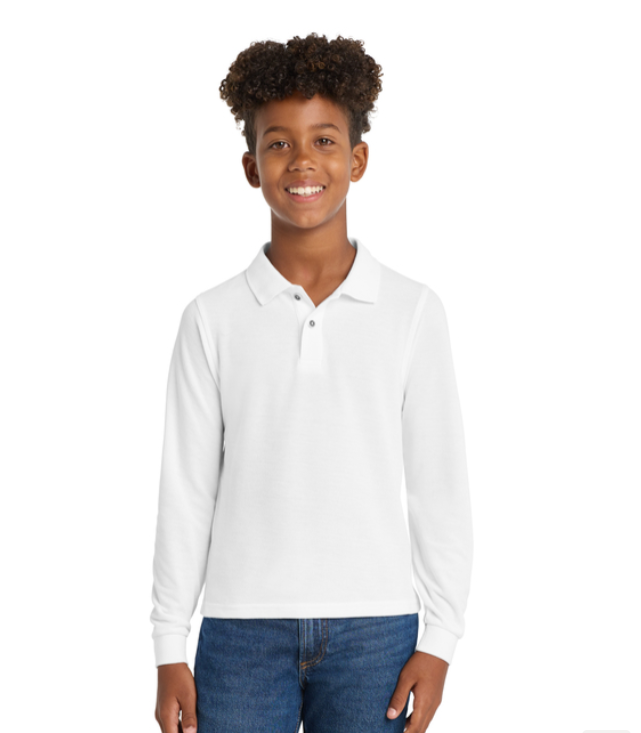 White long-sleeved polo shirt with a collar and green cursive 