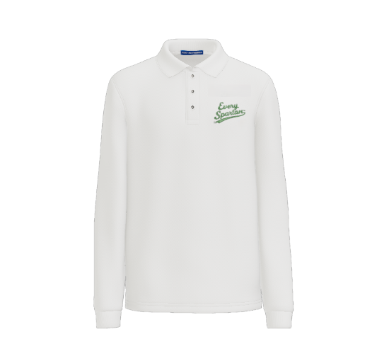 White long-sleeved polo shirt with a collar and green cursive 
