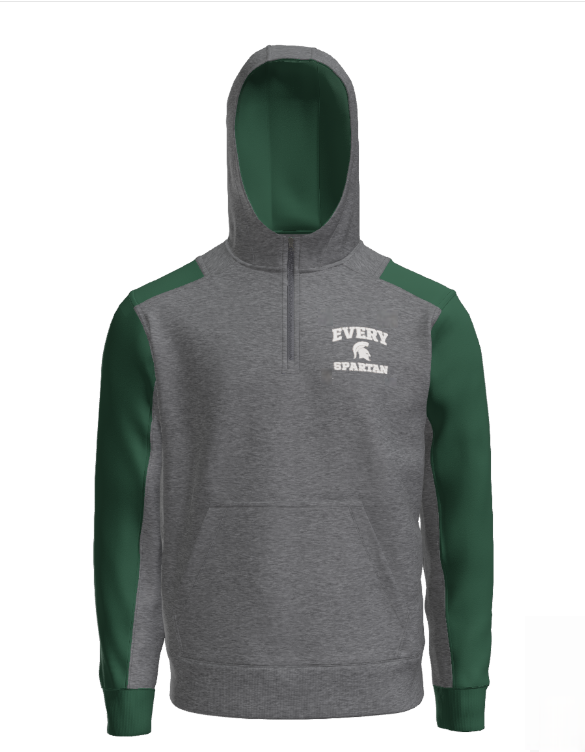 Gray and green hooded sweatshirt with 