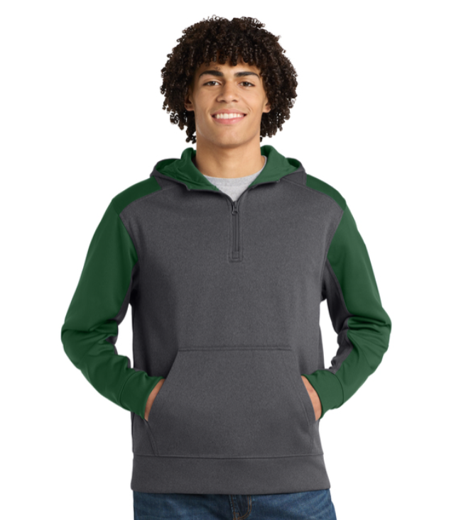 Gray and green hooded sweatshirt with 