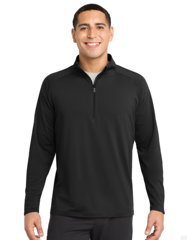 Black long-sleeved quarter-zip pullover featuring a white Spartan logo and text on the upper left chest.