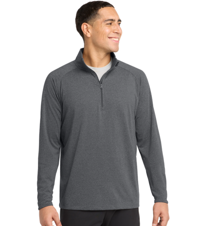 Grey long-sleeved quarter-zip pullover with the white text 