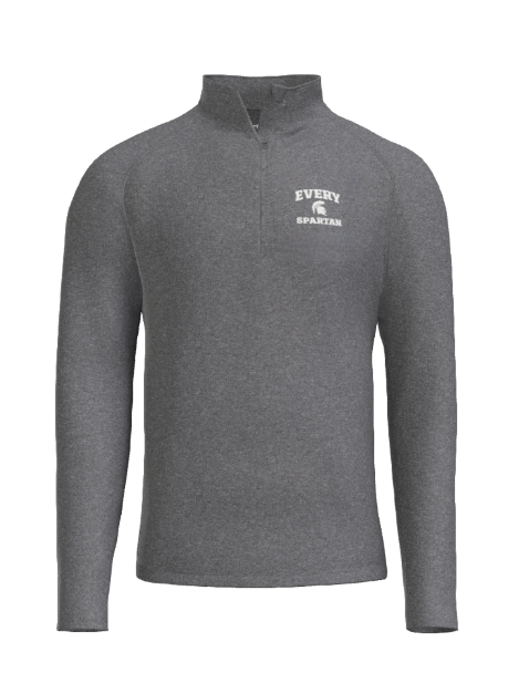 Grey long-sleeved quarter-zip pullover with the white text 