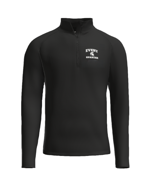 Black long-sleeved quarter-zip pullover featuring a white Spartan logo and text on the upper left chest.