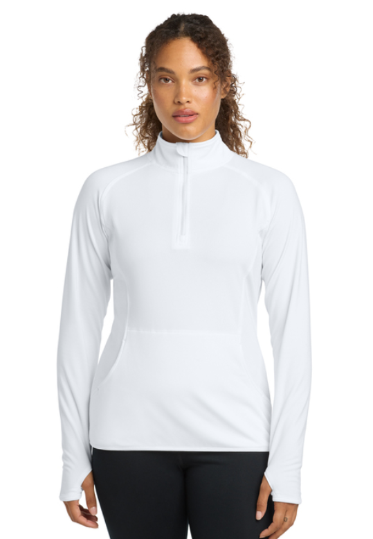 A white long-sleeved quarter-zip pullover with a small green embroidered logo on the upper chest.