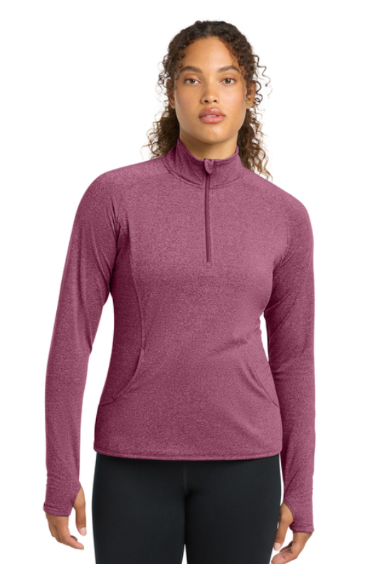Pink fleece pullover sweater with a quarter-zip collar and logo on the chest.