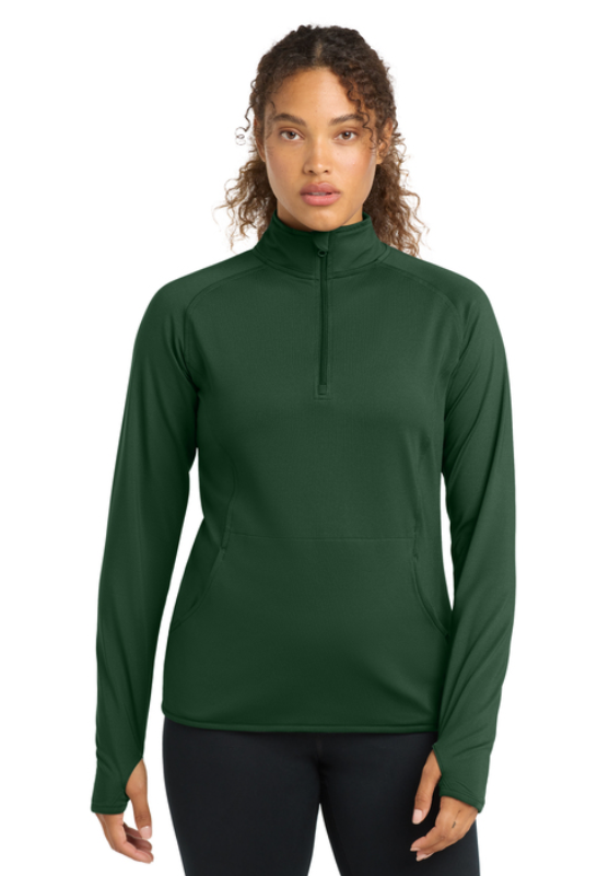 Green long-sleeved athletic top with a quarter-zip collar and a logo on the chest.