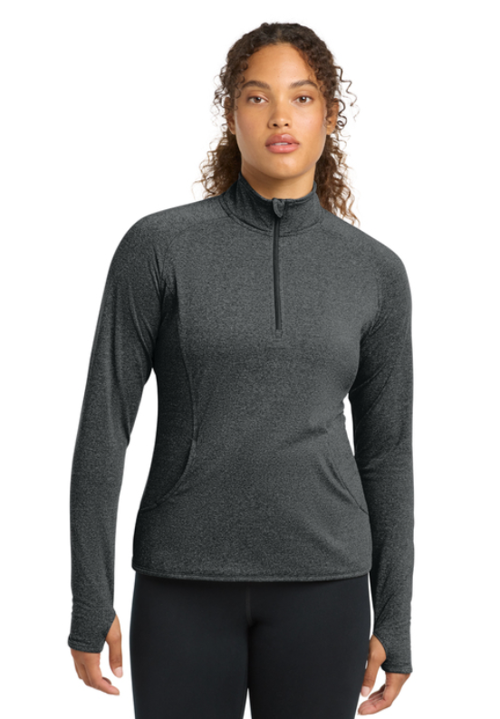 A charcoal grey, long-sleeved, quarter-zip pullover with white script text on the left chest.