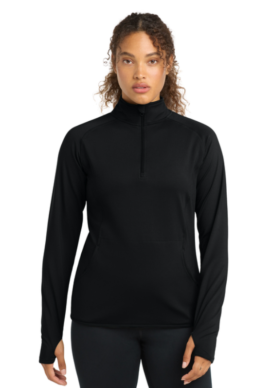 A black, long-sleeved, quarter-zip pullover with white cursive text on the upper left chest.