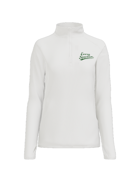 A white long-sleeved quarter-zip pullover with a small green embroidered logo on the upper chest.