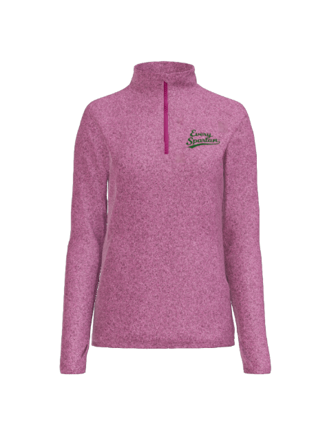Pink fleece pullover sweater with a quarter-zip collar and logo on the chest.