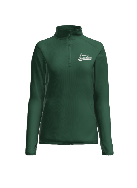 A long-sleeved, dark green, quarter-zip pullover featuring a white script logo on the left chest.