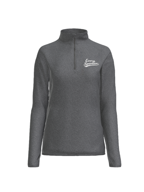 A charcoal grey, long-sleeved, quarter-zip pullover with white script text on the left chest.