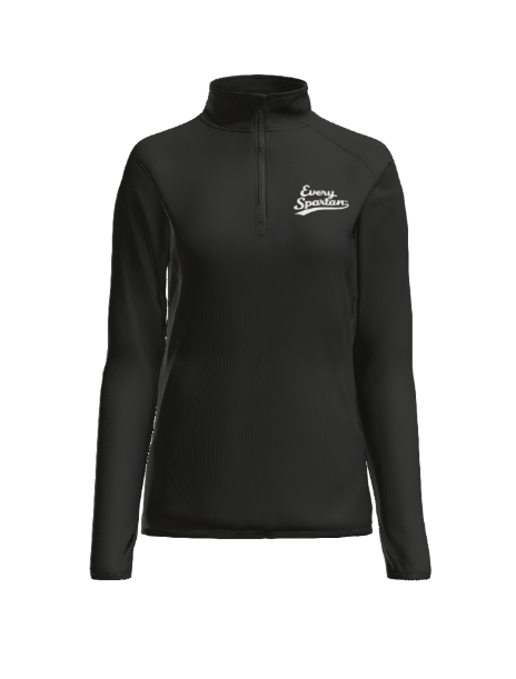 A black, long-sleeved, quarter-zip pullover with white cursive text on the upper left chest.