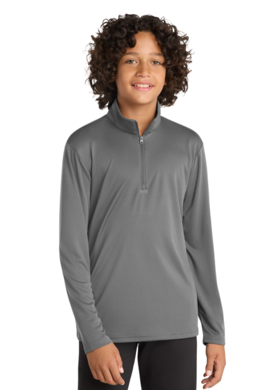 A grey quarter-zip long-sleeve shirt with a white 