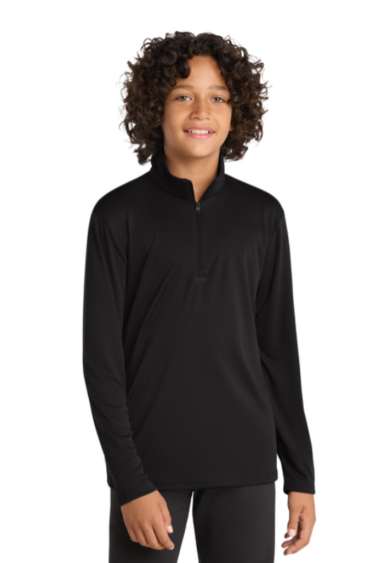 Black long-sleeved shirt with a quarter-zip collar and a white logo on the chest.