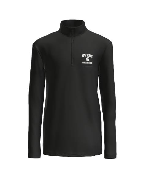 Black long-sleeved shirt with a quarter-zip collar and a white logo on the chest.