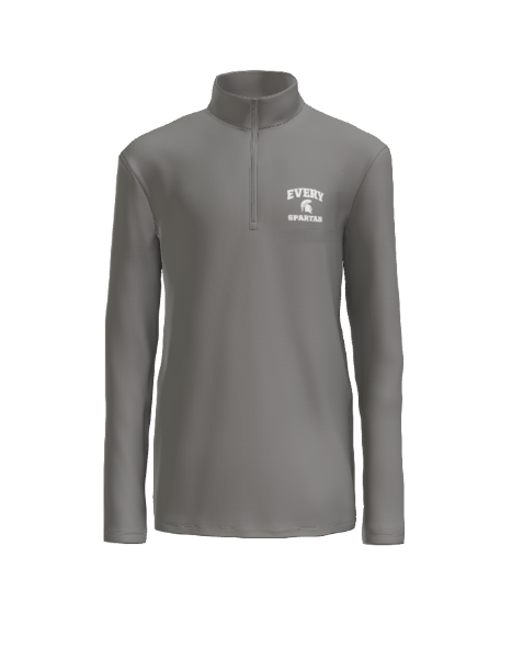 A grey quarter-zip long-sleeve shirt with a white 