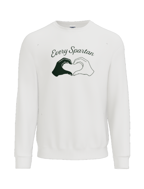 A white sweatshirt with the text 