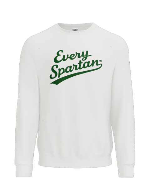 White crewneck sweatshirt featuring 