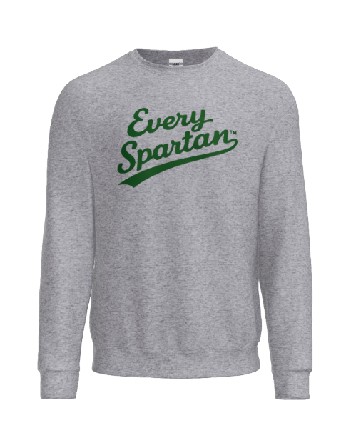 A grey crewneck sweatshirt featuring the words 
