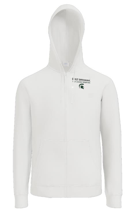 A white, zip-up hooded sweatshirt featuring a small logo on the left chest.