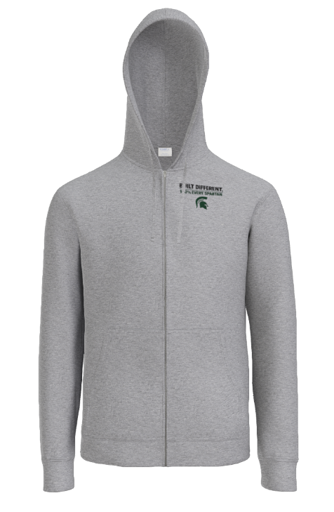 Gray zip-up hoodie featuring a Michigan State University logo on the left chest.