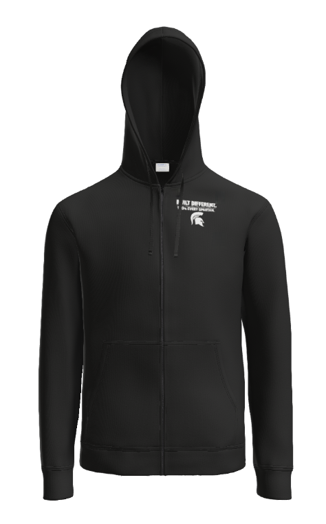 A black zip-up hooded sweatshirt with a small white Spartan logo on the upper left chest.