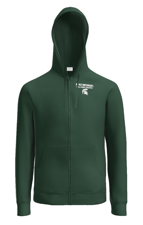 A forest green zip-up hooded sweatshirt featuring a small white Spartan logo on the upper left chest.