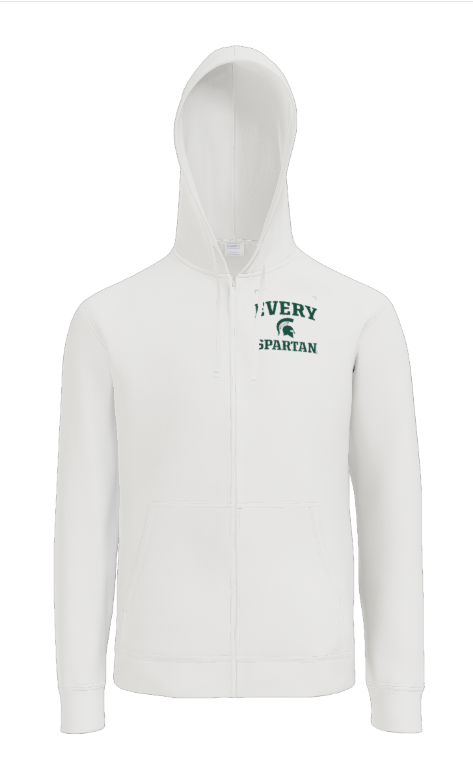 White zip-up hoodie featuring a green 