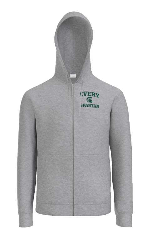 A grey zip-up hoodie with 
