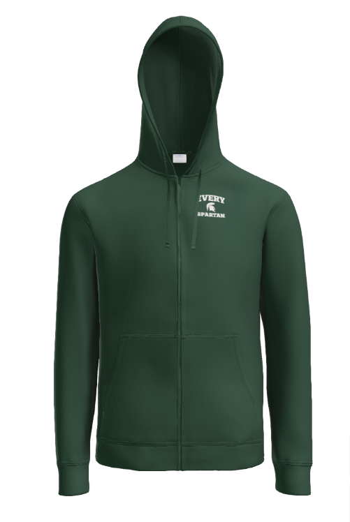 A dark green, zip-up hooded sweatshirt with a small white logo on the left chest.