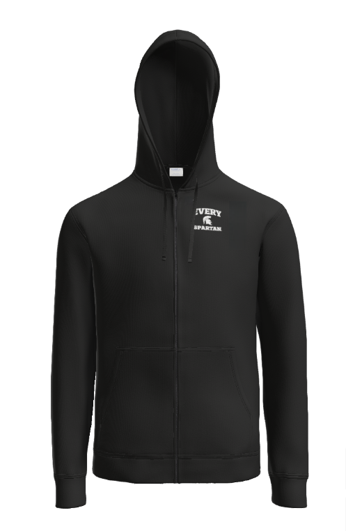 A black, full-zip hooded sweatshirt with a small white Spartan logo on the left chest.