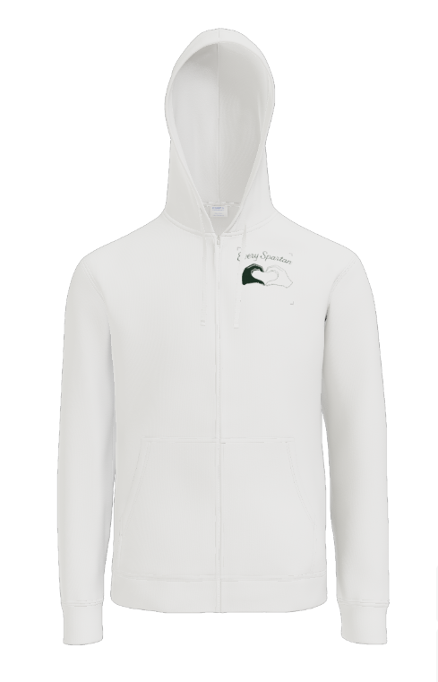 White zip-up hoodie featuring a small graphic of a black wave on the left chest area.