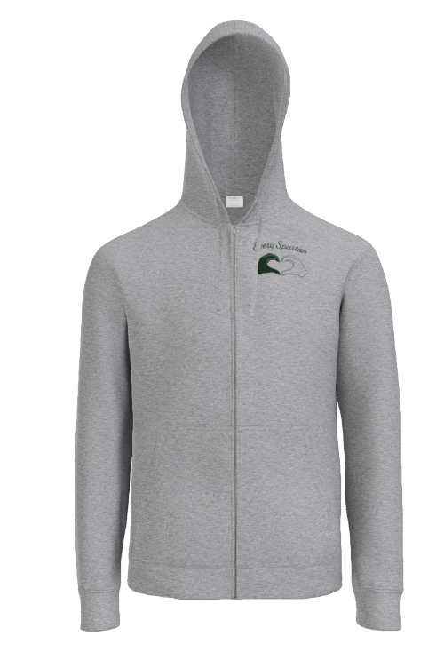 A light gray zip-up hoodie with a small heart-shaped wave graphic on the left chest.
