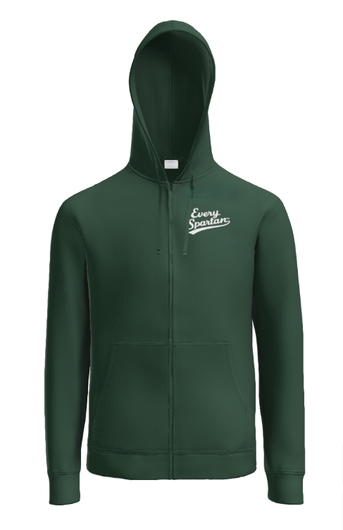 Dark green zip-up hoodie featuring white cursive text on the left chest.