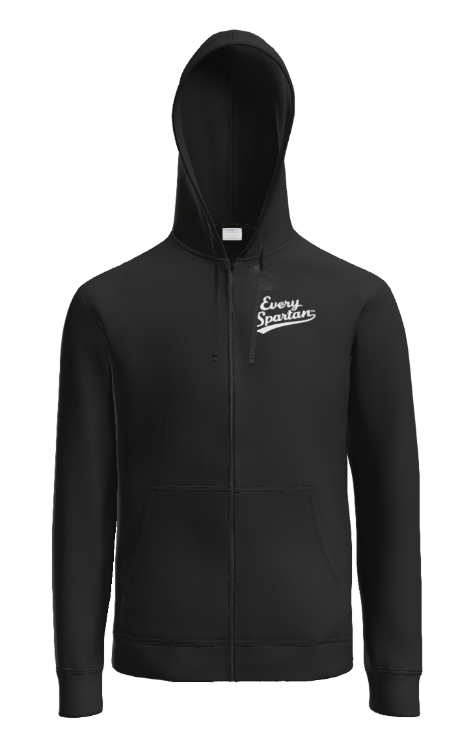 A black zip-up hoodie with a hood and a white logo on the left chest.