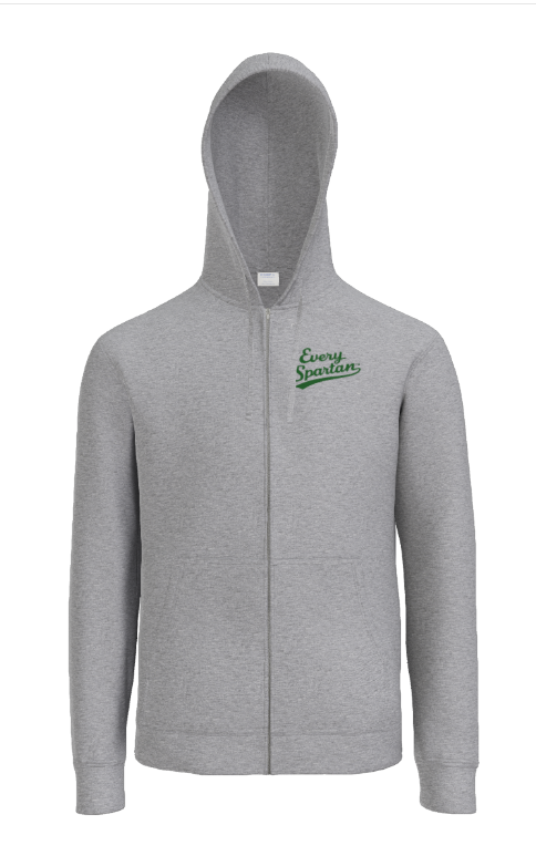 A light grey zip-up hoodie featuring a small, dark green 