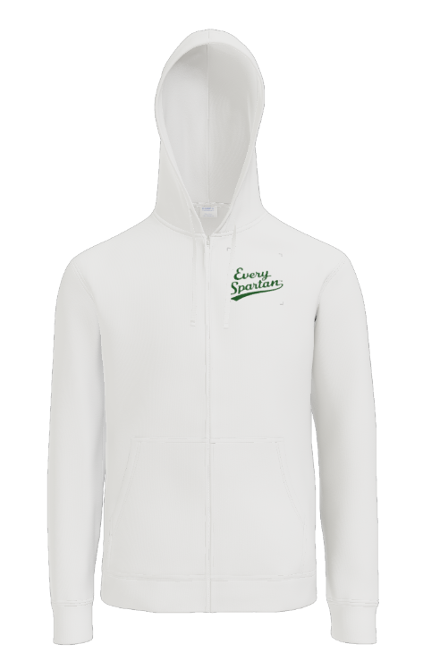A plain white zip-up hoodie with a small green logo on the upper left chest, centered against a white background.