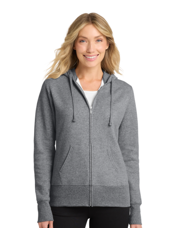A light grey full-zip hooded sweatshirt with a small green Michigan State University Spartan logo on the upper left chest.