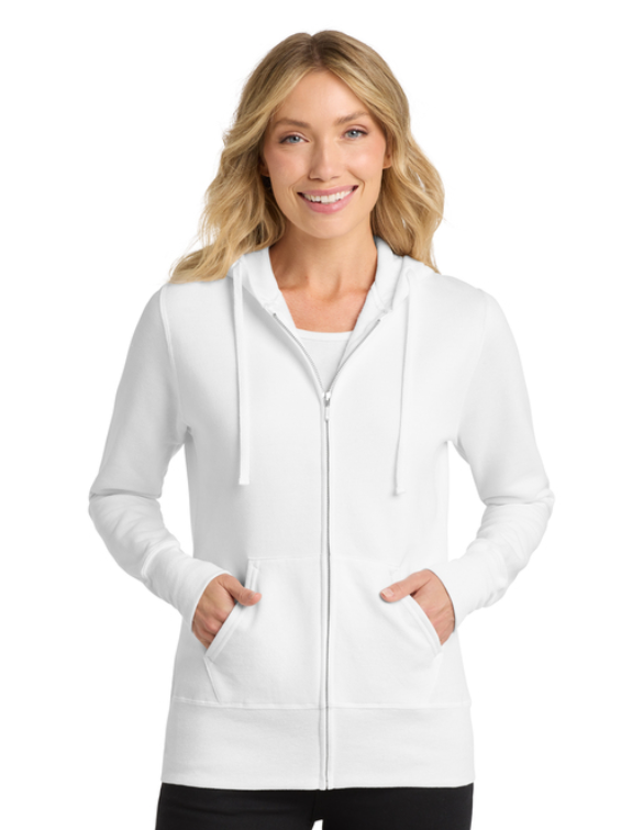 A white zip-up hoodie featuring a Michigan State University Spartan logo on the upper left chest.
