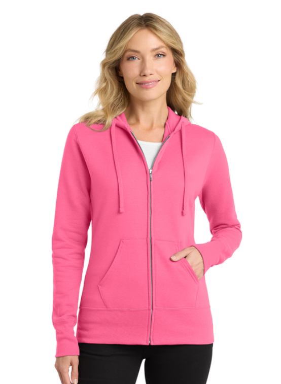 A bright pink zip-up hoodie featuring a black Spartan helmet logo on the left chest.