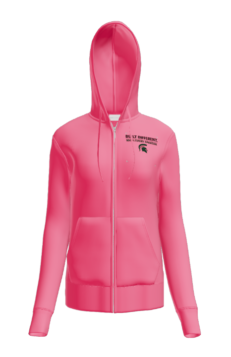 A bright pink zip-up hoodie featuring a black Spartan helmet logo on the left chest.