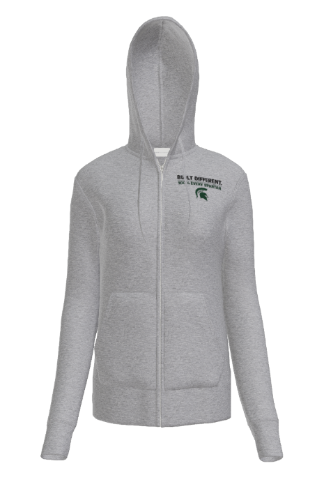 A light grey full-zip hooded sweatshirt with a small green Michigan State University Spartan logo on the upper left chest.