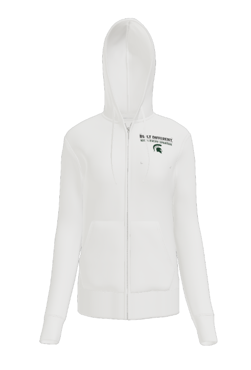 A white zip-up hoodie featuring a Michigan State University Spartan logo on the upper left chest.