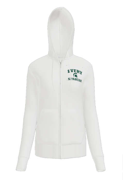 A white, long-sleeved, zip-up hooded sweatshirt with a small green Spartan logo and text on the chest.