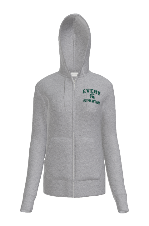 Gray zip-up hooded sweatshirt with a green 