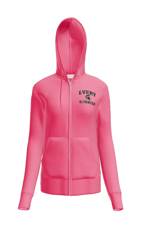 A bright pink, long-sleeved, zip-up hooded sweatshirt featuring a small dark logo on the upper left chest.