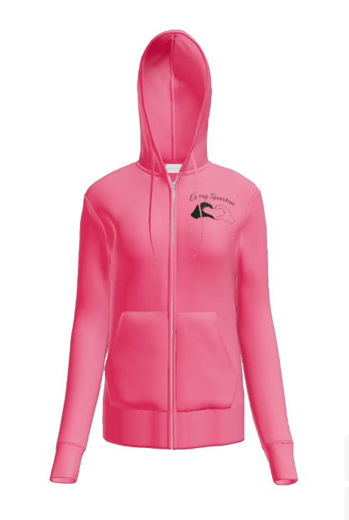 A bright pink zip-up hoodie with a drawstring hood and a small black logo on the left chest.